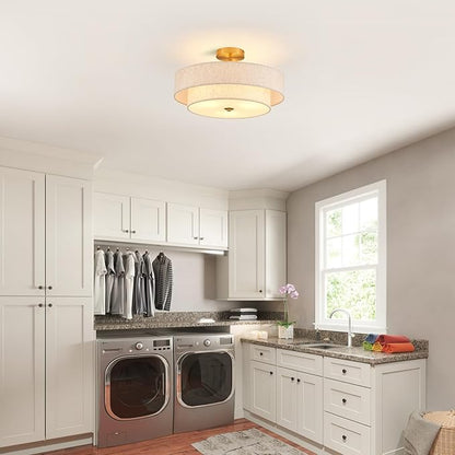 Modern Semi Flush Mount Ceiling Light 18" Modern Gold 3-Lights Drum Ceiling Lighting Fixture Vintage Linen Golden Ceiling Lamp for Laundry Room, Kitchen, Basement, Dining Room, Bedroom