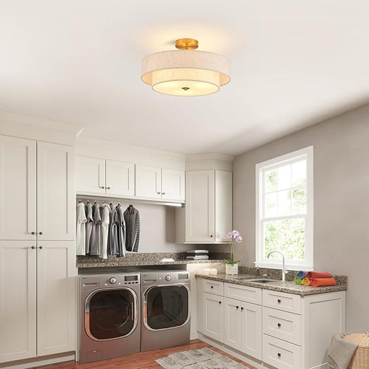 Modern Semi Flush Mount Ceiling Light 18" Modern Gold 3-Lights Drum Ceiling Lighting Fixture Vintage Linen Golden Ceiling Lamp for Laundry Room, Kitchen, Basement, Dining Room, Bedroom
