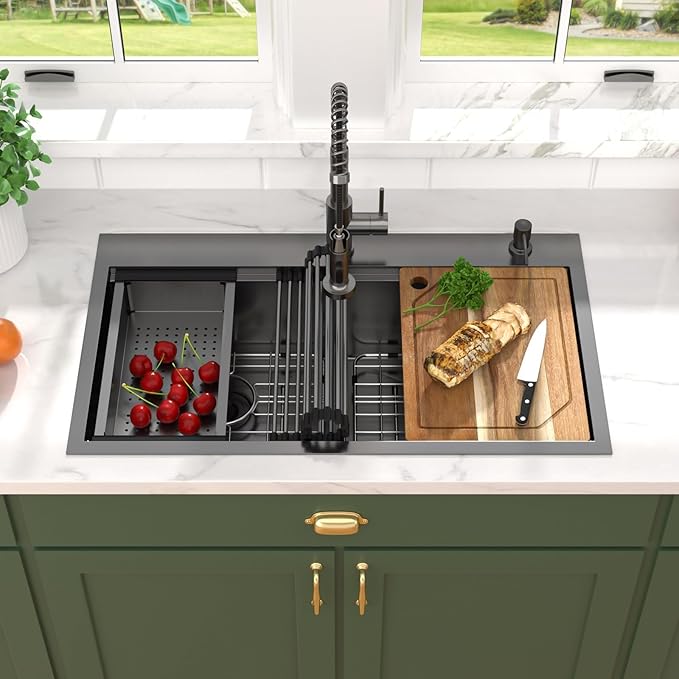 36 Inch Drop-In Double Bowl Kitchen Sink with Faucet, 16 Gauge 304 Stainless Steel 50/50 Low Divide Workstation All-In One Large Sink with Accessories Gunmetal Black #TL-FDOE00094