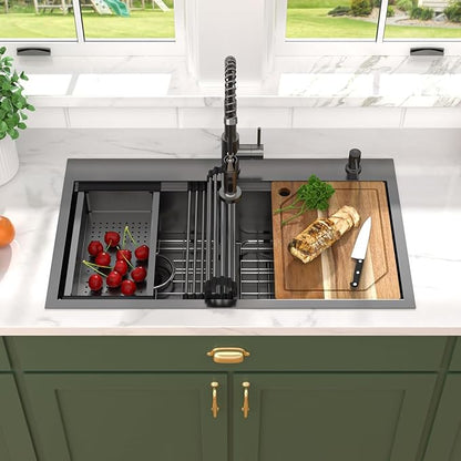 36 Inch Drop-In Double Bowl Kitchen Sink with Faucet, 16 Gauge 304 Stainless Steel 50/50 Low Divide Workstation All-In One Large Sink with Accessories Gunmetal Black #TL-FDOE00094