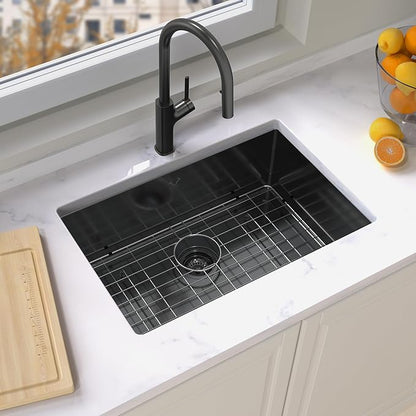 Kitchen Sink 27x18 Inch Undermount Kitchen Sink Gunmetal Black 16 Gauge Stainless Steel Single Bowl with Accessories Round Corners Handmade