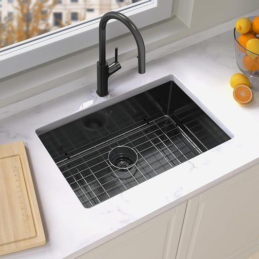Kitchen Sink 27x18 Inch Undermount Kitchen Sink Gunmetal Black 16 Gauge Stainless Steel Single Bowl with Accessories Round Corners Handmade