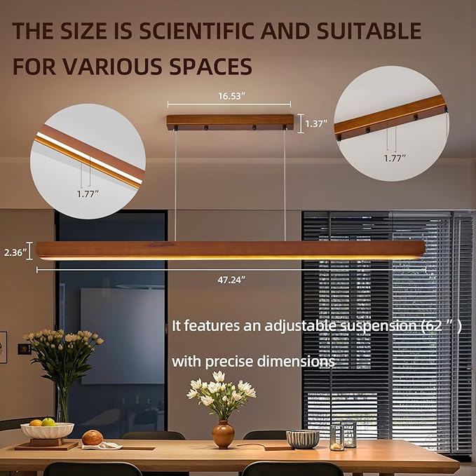 Wood Linear Pendant Light,47'' Dimmable Kitchen Island Lighting with Remote,28W LED Island Lights for Kitchen, Adjustable Linear Chandelier for Dinning Light Fixture,Pool Table Light Wood