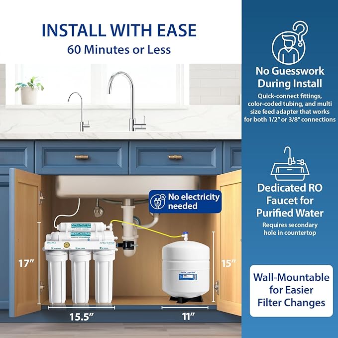 APEC Water ROES-50, 5-Stage Under Sink Reverse Osmosis Water Filter System, NSF Certified 372 & 58, 50 GPD, Reduces 99% of Impurities