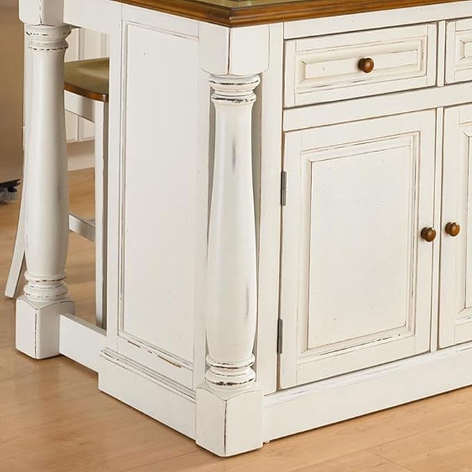 Home Styles Monarch White Kitchen Island with Distressed Oak Top, Black Granite Top Inset, Hardwood, Breakfast Bar, Two Drawers, Two Wood Panel Doors, and Adjustable Shelves