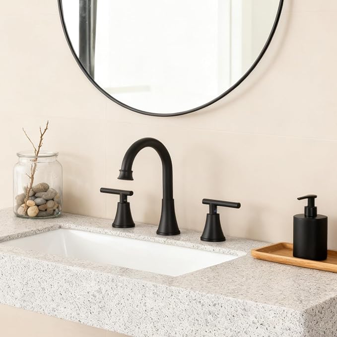 HOTIS Black Bathroom Faucet 3 Hole, 2 Handle 360° Swivel Matte Black 8 Inch Widespread Bathroom Sink Faucet, Lavatory Sink Faucet with Pop-up Drain and Supply Lines, HT-MC-032B