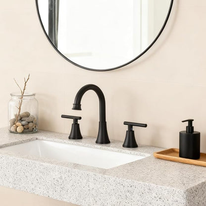HOTIS Black Bathroom Faucet 3 Hole, 2 Handle 360° Swivel Matte Black 8 Inch Widespread Bathroom Sink Faucet, Lavatory Sink Faucet with Pop-up Drain and Supply Lines, HT-MC-032B