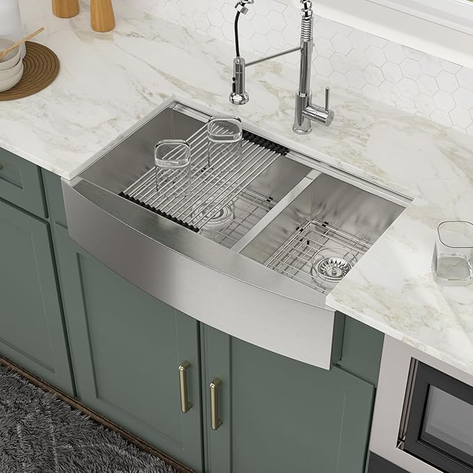 Logmey 33x21 Double Bowl Kitchen Sink 60/40 Farmhouse Sink 16 Gauge Stainless Steel Apron Front Farmer Kitchen Sinks Ledge Workstation Low Divide Double Basin Farm Sink 33x21x9