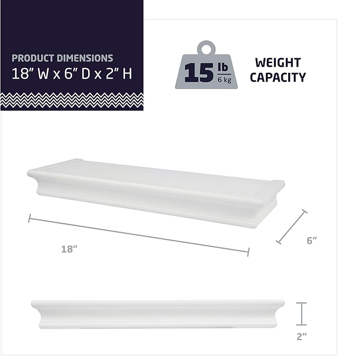 HIGH & MIGHTY 515604 Decorative 18" Floating Shelf Holds up to 15lbs, Easy Tool-Free Dry Wall Installation, Beveled, White