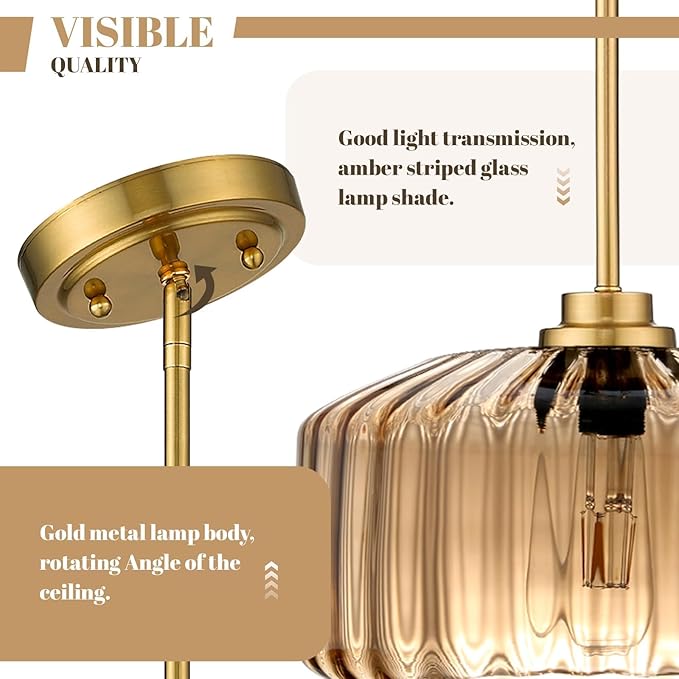 Modern Gold Pendant Light Mid-Century Chandelier for Dining Room, Amber Stripe Glass Shade, Adjustable Height Hanging Lamp for Breakfast Nook Bedroom Dining Room Living Room