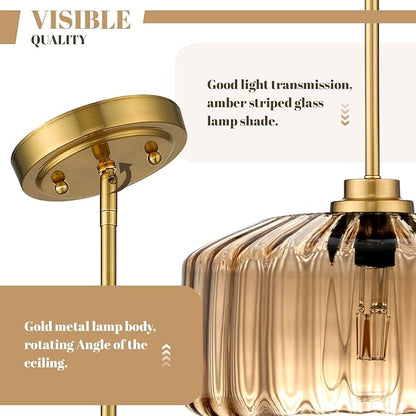 Modern Gold Pendant Light Mid-Century Chandelier for Dining Room, Amber Stripe Glass Shade, Adjustable Height Hanging Lamp for Breakfast Nook Bedroom Dining Room Living Room