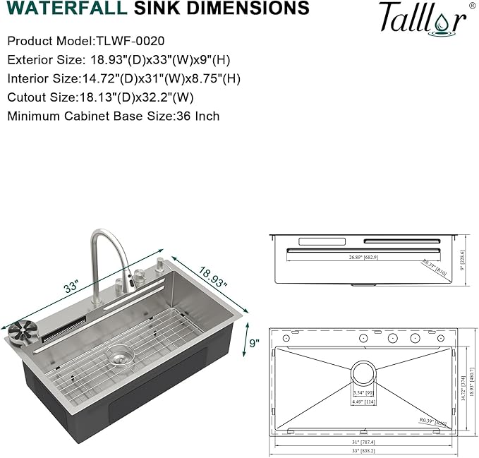 33 Inch Drop-In Single Bowl Kitchen Sink with Faucet, 16 Gauge 304 Stainless Steel Workstation All-In One Sink with Waterfall & Rainfall Outlet, Five-Hole Design, Cup Washer #TLWF-0026