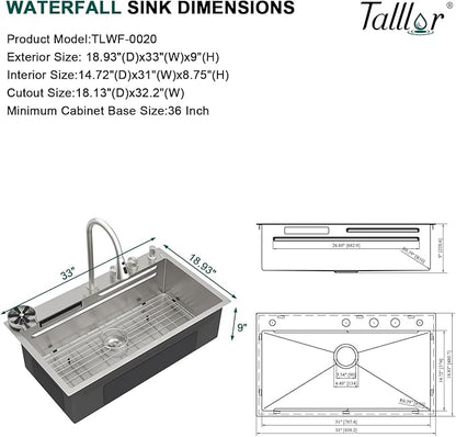 33 Inch Drop-In Single Bowl Kitchen Sink with Faucet, 16 Gauge 304 Stainless Steel Workstation All-In One Sink with Waterfall & Rainfall Outlet, Five-Hole Design, Cup Washer #TLWF-0026