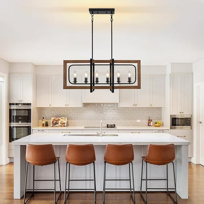Farmhouse Kitchen Island Lighting, 6-Light Dining Room Light Fixtures Over Table Rustic Wood Pendant Lights Adjustable Chandelier for Kitchen Dining Room