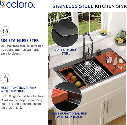 Dcolora 33 in. Black Kitchen Sink Drop In Workstation Sink 16 Gauge 33x22 Black Stainless Steel Nano-Coating Gunmetal Top mount Extra Large Single Bowl Kitchen Sinks, #DC-T7765