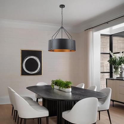 Drum Chandeliers for Dining Room,22 in Black and Gold Metal Dining Room Light Fixture Over Table, Industrial Modern Farmhouse Pendant Light for Kitchen,Entryway,Living Room