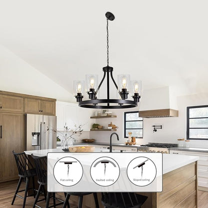 6-Light Farmhouse Chandelier Wagon Wheel Pendant Light Fixtures for Dining Room Living Room Island Kitchen Foyer Bedroom, Modern Black Industrial Rustic Adjustable Height Metal E26 Base