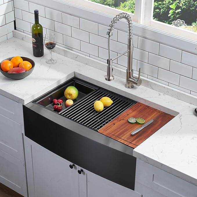 33 Inch Black Farmhouse Sink, Undermount Stainless Steel Apron Front Farm Kitchen Sink Single Bowl Workstation 16 Gauge 33x20x9 with Accessories