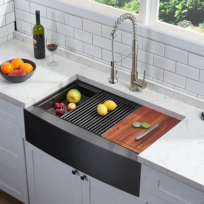 33 Inch Black Farmhouse Sink, Undermount Stainless Steel Apron Front Farm Kitchen Sink Single Bowl Workstation 16 Gauge 33x20x9 with Accessories