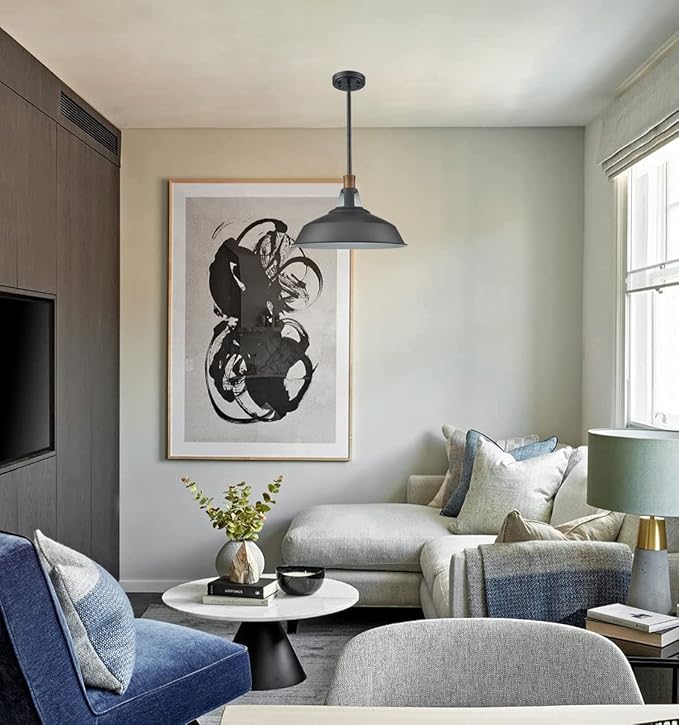 CLAXY Rod Pendant Light Black Barn Farmhouse Pendant Lighting Dimmable Kitchen Hanging Pendant Light Fixture-15.3"