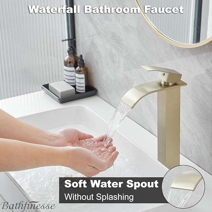 Vessel Sink Faucet Brushed Gold Waterfall Spout Faucet for Bathroom Sink Tall Single Handle One Hole Deck Mount Bowl Vanity Sink Taps with Pop-up Drain Stopper