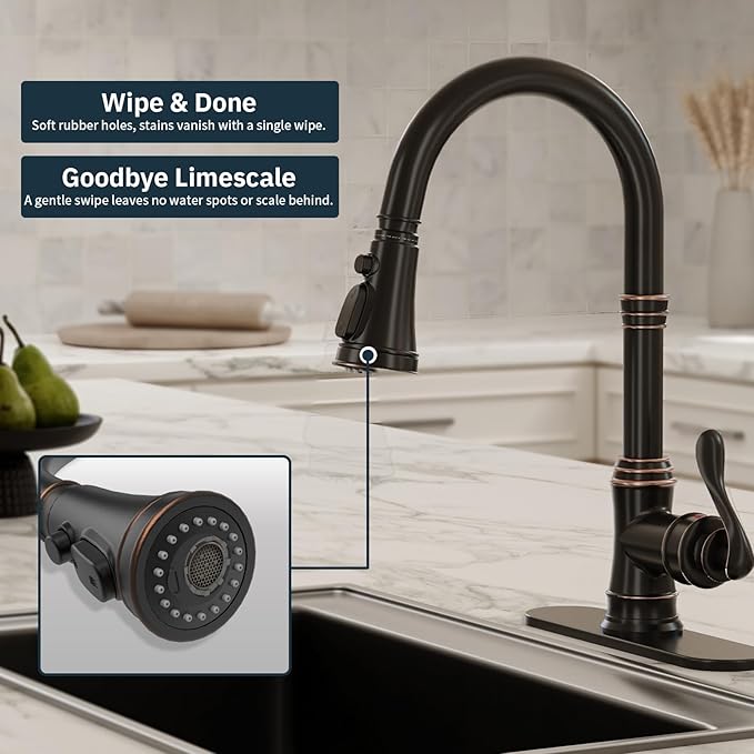 BWE Solid Brass Kitchen Faucet, Oil Rubbed Bronze Kitchen Sink Faucet with Pull Down Sprayer, 3 Spray Modes, Single Handle High Arc, with Deck Plate, Commercial/Farmhouse/Bar Sink Faucet