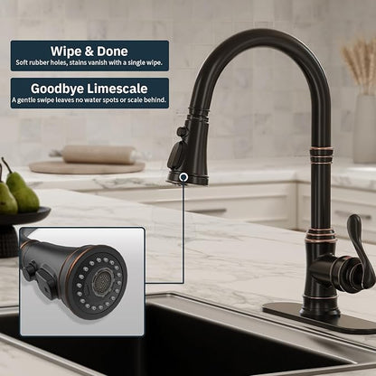 BWE Solid Brass Kitchen Faucet, Oil Rubbed Bronze Kitchen Sink Faucet with Pull Down Sprayer, 3 Spray Modes, Single Handle High Arc, with Deck Plate, Commercial/Farmhouse/Bar Sink Faucet