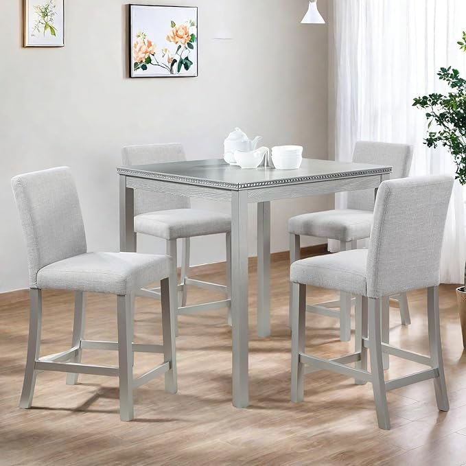 Dining Table Set for 4, 5-Piece Dining Room Table Set with Square Crystal Decoration Table & 4 Upholstered Backrest Chairs, Counter Height Kitchen Sets with Wood Grain & Footrest, Silver Gray