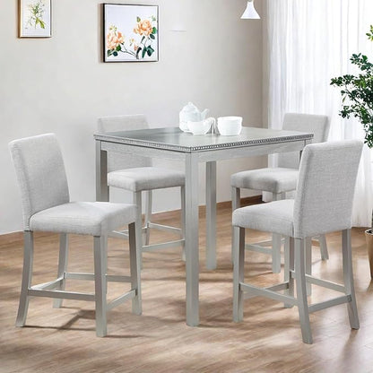Dining Table Set for 4, 5-Piece Dining Room Table Set with Square Crystal Decoration Table & 4 Upholstered Backrest Chairs, Counter Height Kitchen Sets with Wood Grain & Footrest, Silver Gray