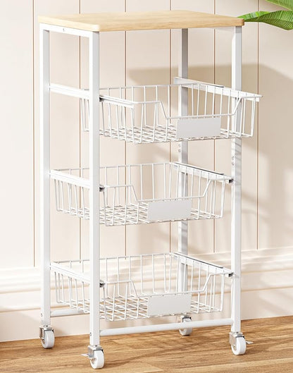 OKZEST 4-Tier Small Kitchen Storage Cart on Wheels with Pull-Out Drawers, Rolling Pantry and Snack Organizer Cart with Wood Top, Kitchen Floor Fruit Basket Stand for Fruit Potato Onion Veggie Snack