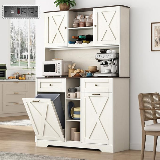 71" Tall 47"Wide Kitchen Pantry Storage Cabinet with Power Outlets,Farmhouse Kitchen Double Tilt Out Trash Cabinet 10X2 Gallon Garbage Holder with Two Drawers,Freestand Laundry Sort Cabinets(White)