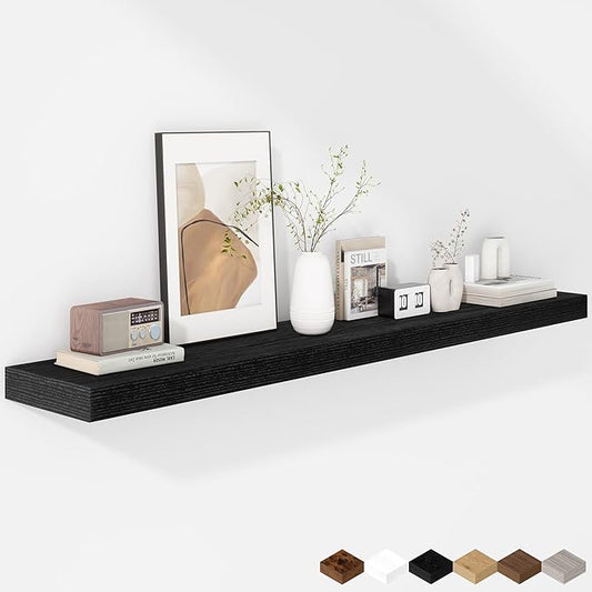 Fun Memories 48 Inch Floating Shelves - Fireplace Mantel Shelf - Deep Wall Mounted Wood Storage Shelf for Bedroom, Kitchen, Farmhouse - 1 Pack, Rustic Black