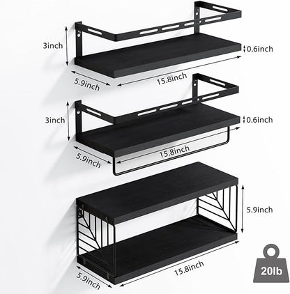 Fixwal 3+1 Tier Wall Mounted Bathroom Shelves Over Toilet, Rustic Wood Floating Shelves with Metal Frame and Towel Bar for Bathroom, Kitchen, Bedroom, Living Room (Black)