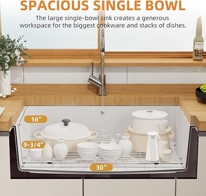 Quartz Kitchen Sink, 32 Inch White Undermount Kitchen Sinks, Deep Single Bowl Granite Composite Sink, Modern Sinks Providing Complete Accessories, Spacious Workspace and Easy Cleaning
