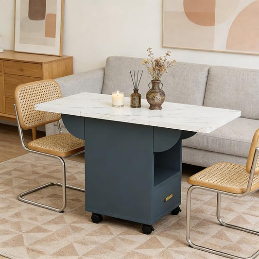 Folding Dining Table with Storage Drawer & Lockable Wheels, Marble Texture Drop Leaf Kitchen Table for Dining Room, Apartment