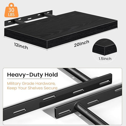 Floating Shelves Set of 2, 12 Inch Deep Floating Shelves with Heavy Duty Brackets, 20'' Rustic Black Wood Wall Mounted Shelf for Bathroom, Bedroom, Living Room & Kitchen, Modern Home Decor Storage