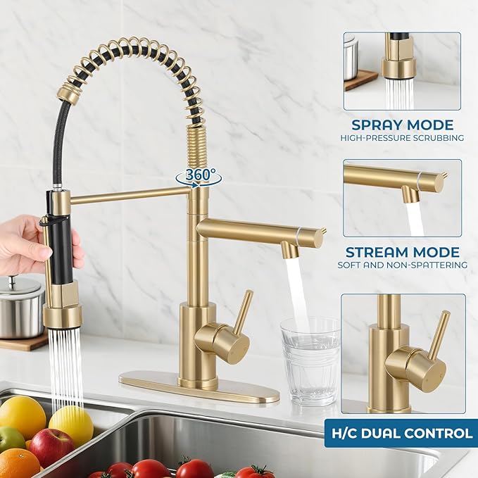 Kitchen Faucets with Pull Down Sprayer, Single Handle Double Headed, Stainless Steel Commercial Kitchen Sink Faucet with Deck Plate Cover, 1 or 3 Hole, Brush Gold