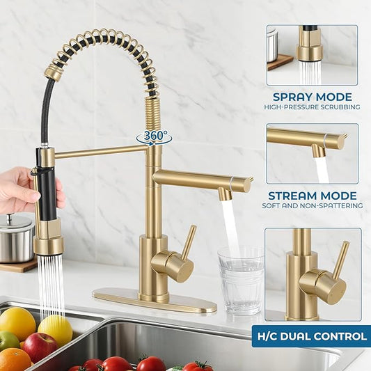 Kitchen Faucets with Pull Down Sprayer, Single Handle Double Headed, Stainless Steel Commercial Kitchen Sink Faucet with Deck Plate Cover, 1 or 3 Hole, Brush Gold