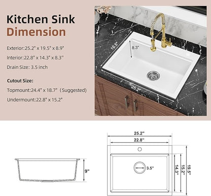 Davivy 25 Inch White Granite Composite Kitchen Sink Workstation, Quartz Kitchen Sink White, Drop in & Undermount Installation, Single Bowl Design with Accessories