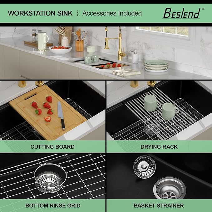 28 Granite Composite Kitchen Sink - 28x19 Inch Black Granite Kitchen Sink Undermount Black Quartz Sinks Ledge Workstation Classic Under Counter Single Bowl Basin