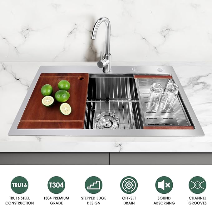 30 Inch Stainless Steel Kitchen Sink 16 Gauge Drop In Single Bowl Workstation Sink 2-Hole Top Mount Kitchen Basin with 5 Accessories (Brushed Nickel)