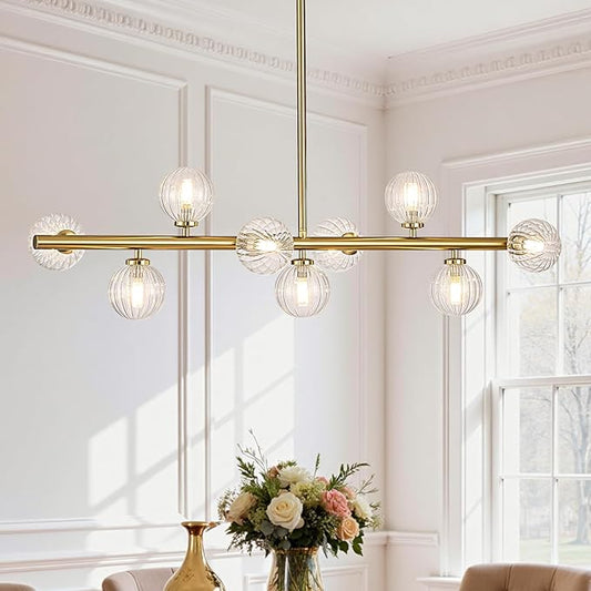 Mid Century Modern Glass Globe Sputnik Chandelier, 9-Light Linear Chandeliers for Dining Room, Kitchen Island, Living, Dining Light Fixture Over Table, Brass Gold and Clear Bubble, 40 Inch