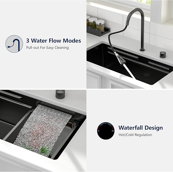 Logmey 33" Undermount Waterfall Sink with Pull-out Faucet & Knob,Nano PVD Gunmetal Black 33x17 Double Step Workstation Sink,16 Gauge All in One Single Sinks Perfect for Family Kitchen & Daily Cooking