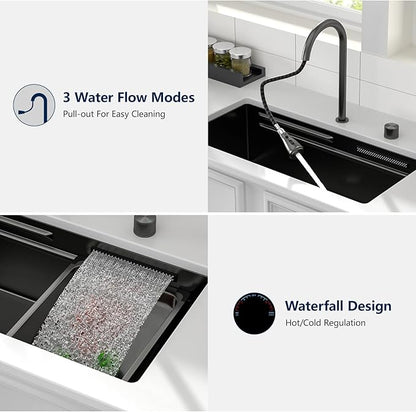 Logmey 33" Undermount Waterfall Sink with Pull-out Faucet & Knob,Nano PVD Gunmetal Black 33x17 Double Step Workstation Sink,16 Gauge All in One Single Sinks Perfect for Family Kitchen & Daily Cooking