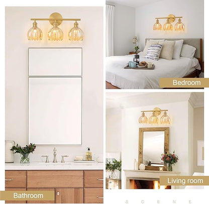 Gold Bathroom Light Fixtures Over Mirror, 3 Light Bathroom Vanity Light Fixture with Tulip Amber Glass Lampshade, Vintage Vanity Lights for Bathroom, Bathroom Vanity Lights Over Mirror