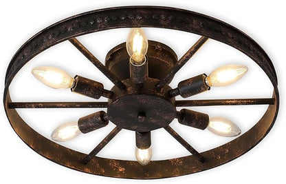 Semi Flush Mount Ceiling Light, Industrial Metal Ceiling Light Fixture, 18.9" Rustic 6-Light Farmhouse Light, Red Rust Chandelier for Kitchen Dinning Room Entryway Living Room