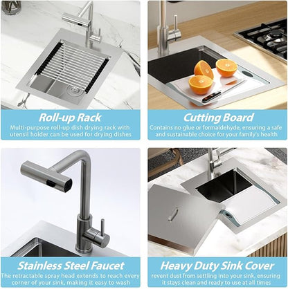 Kichae 15 Inch Outdoor Kitchen Sink - 15" x 20" Stainless Steel Drop Sink 16 Gauge with Pull Down Faucet Combo & Cover for Small Outdoor Kitchens, Bar Prep, and RV Use
