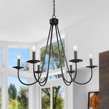 KSANA Chandeliers for Living Room, 6 Light Chandeliers with Candlestick Matte Black Chandelier Hanging Light Fixtures for Kitchen, Dining Room, Bedroom