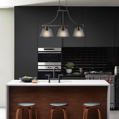 JONATHAN Y 36" Oil Rubbed Bronze 3-Light Iron and Glass Linear Pendant Light, Industrial Farmhouse Fixture for Kitchen Island Dining Room, UL Listed, LED Bulbs Included JYL7590A