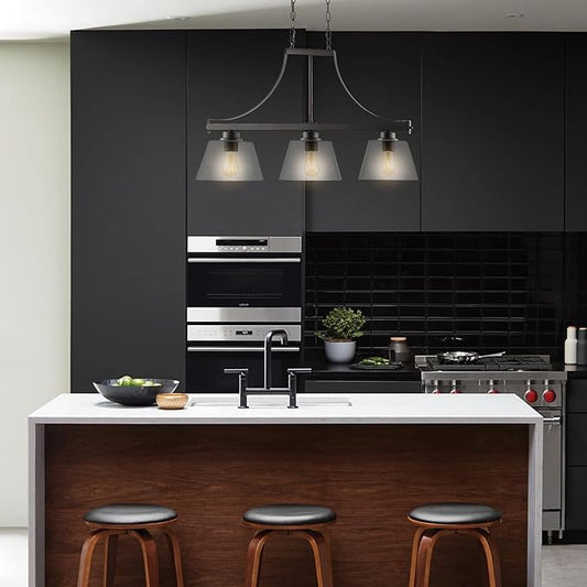 JONATHAN Y 36" Oil Rubbed Bronze 3-Light Iron and Glass Linear Pendant Light, Industrial Farmhouse Fixture for Kitchen Island Dining Room, UL Listed, LED Bulbs Included JYL7590A